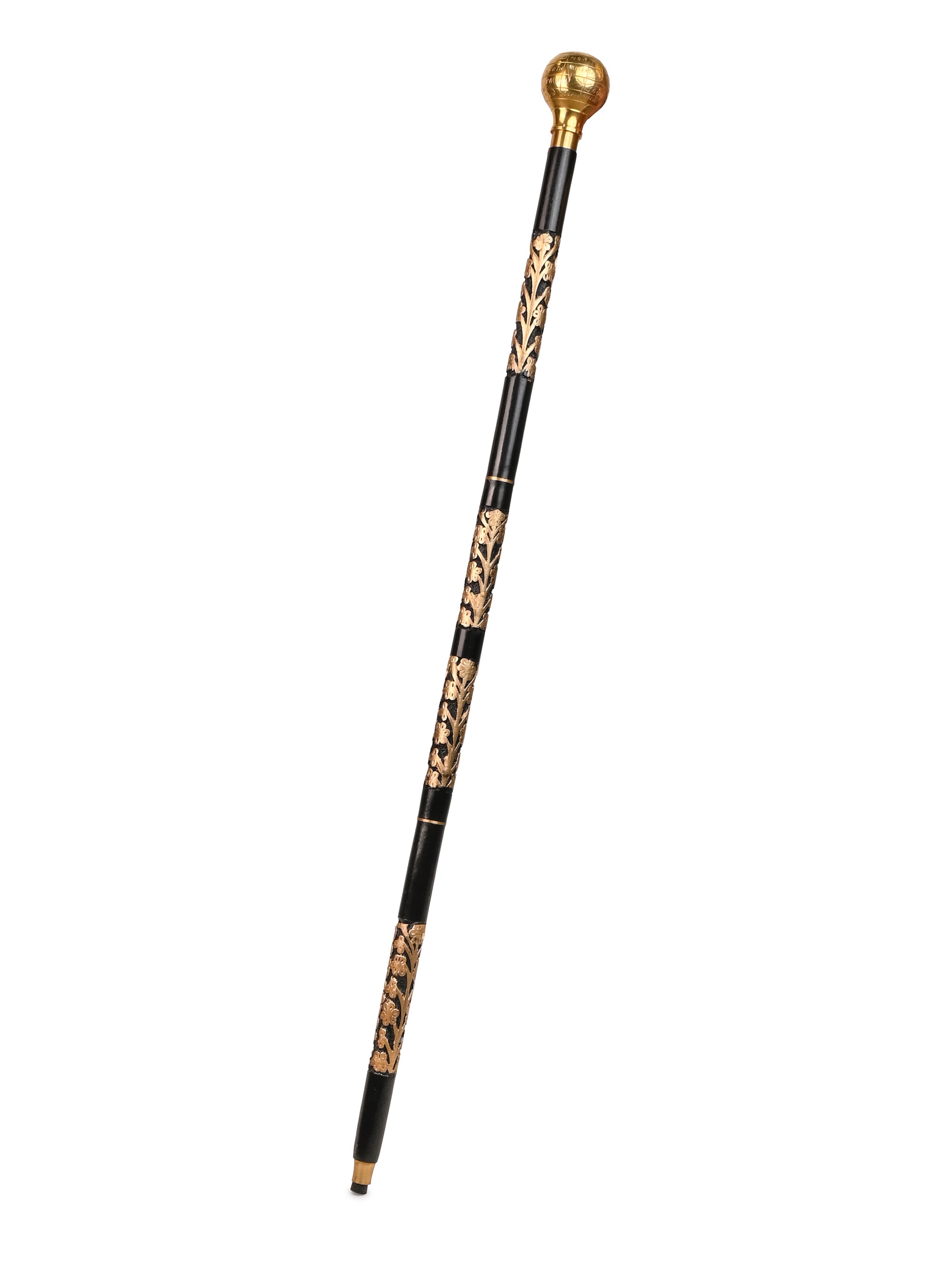 Sheesham wood crafted golden globe handle black body carved foldable walking stick / cane