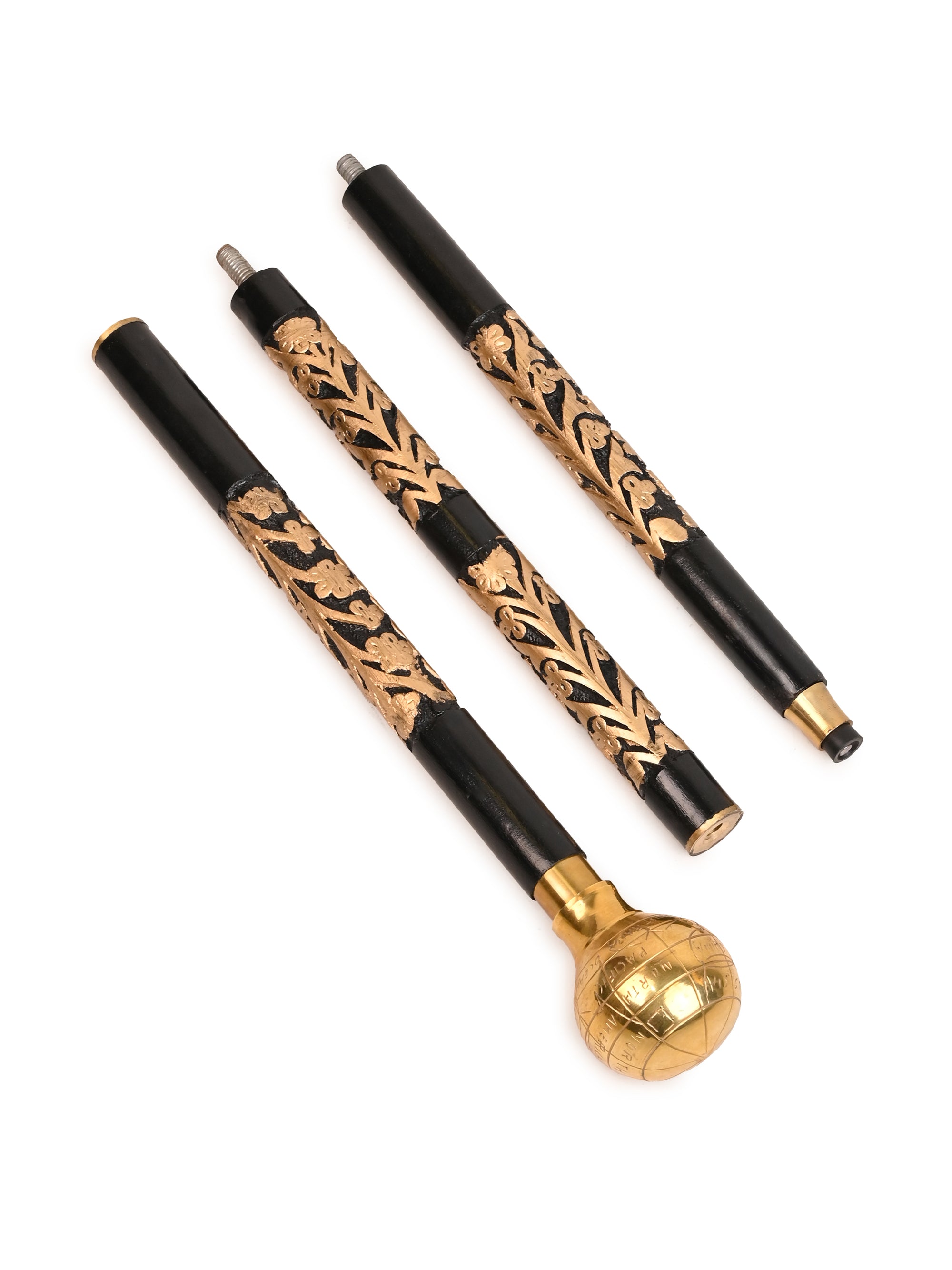 Sheesham wood crafted golden globe handle black body carved foldable walking stick / cane