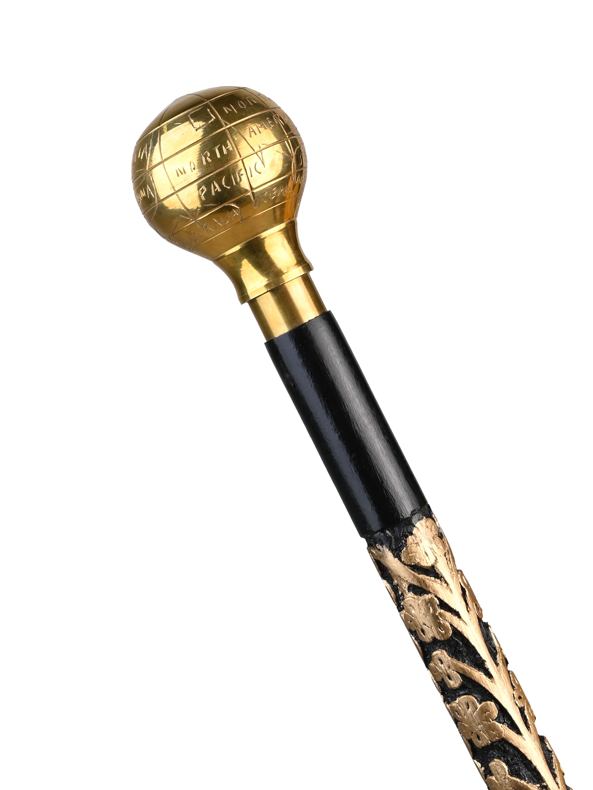 Sheesham wood crafted golden globe handle black body carved foldable walking stick / cane