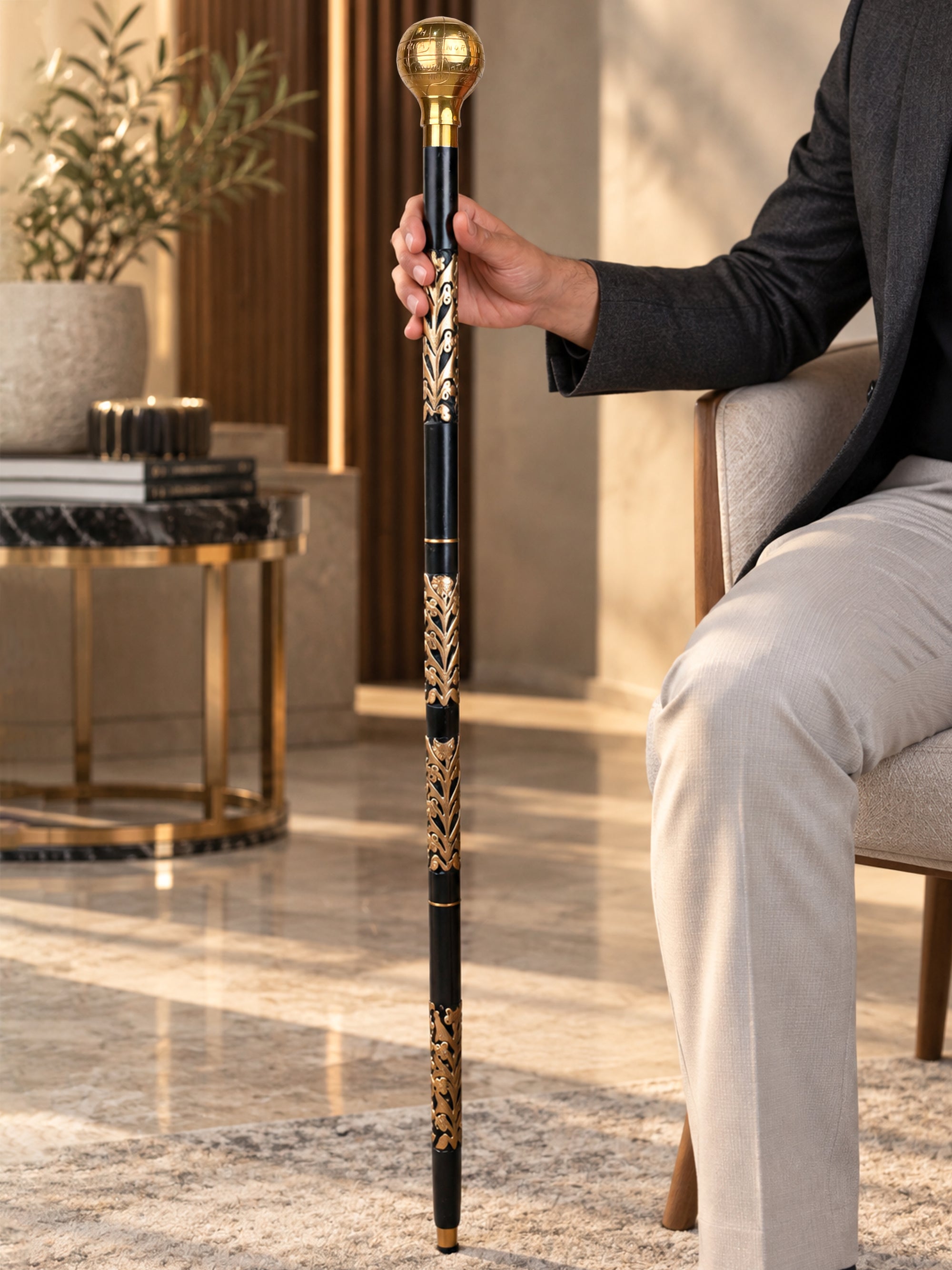 Sheesham wood crafted golden globe handle black body carved foldable walking stick / cane