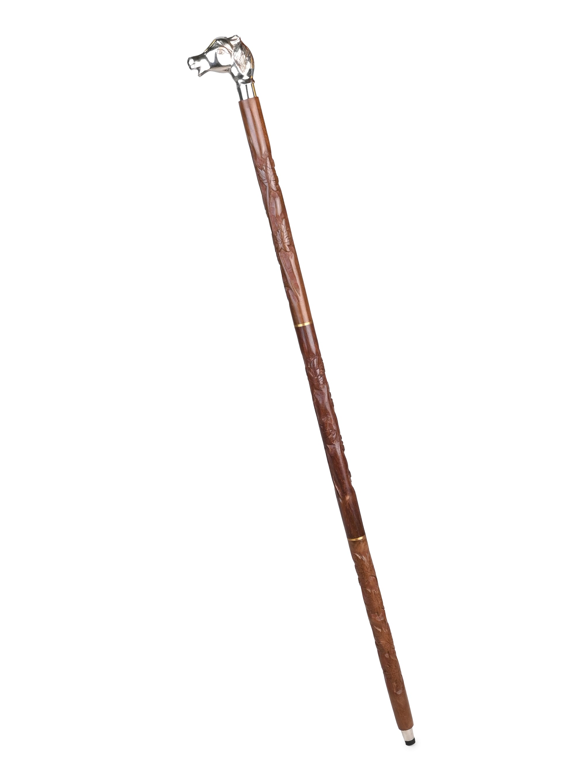 Sheesham wood crafted silver horse handle brown body carved foldable walking stick / cane