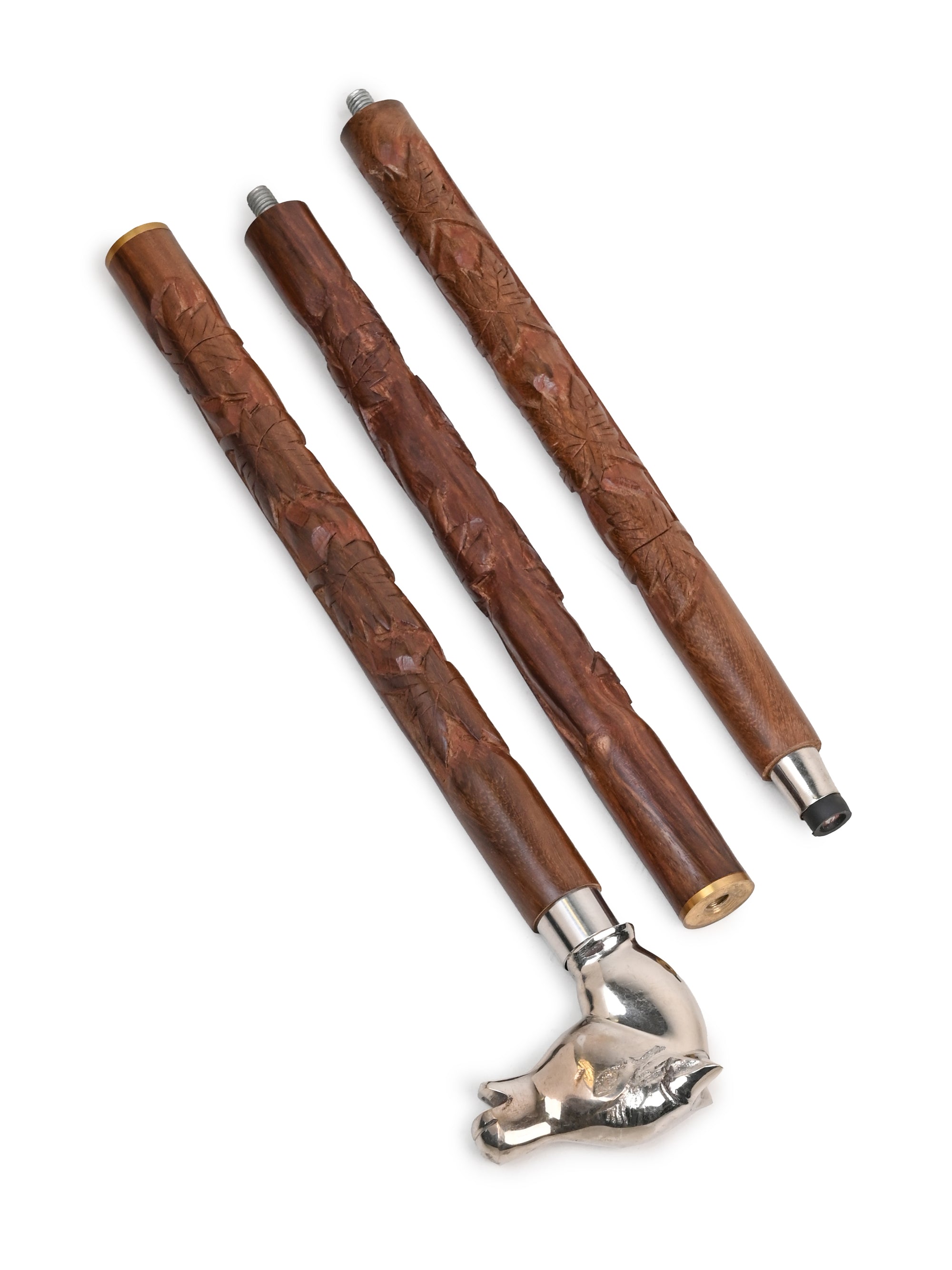 Sheesham wood crafted silver horse handle brown body carved foldable walking stick / cane