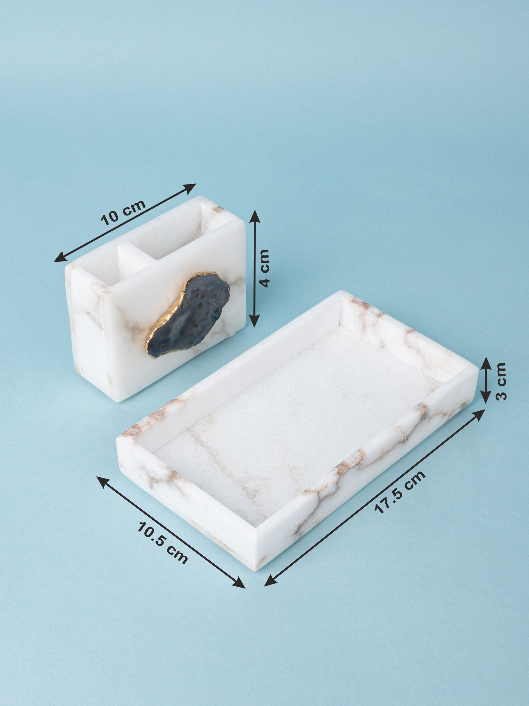 2 Sectional Pen Stand with Agate Stone Design on a Rectangular Tray - Office Organiser