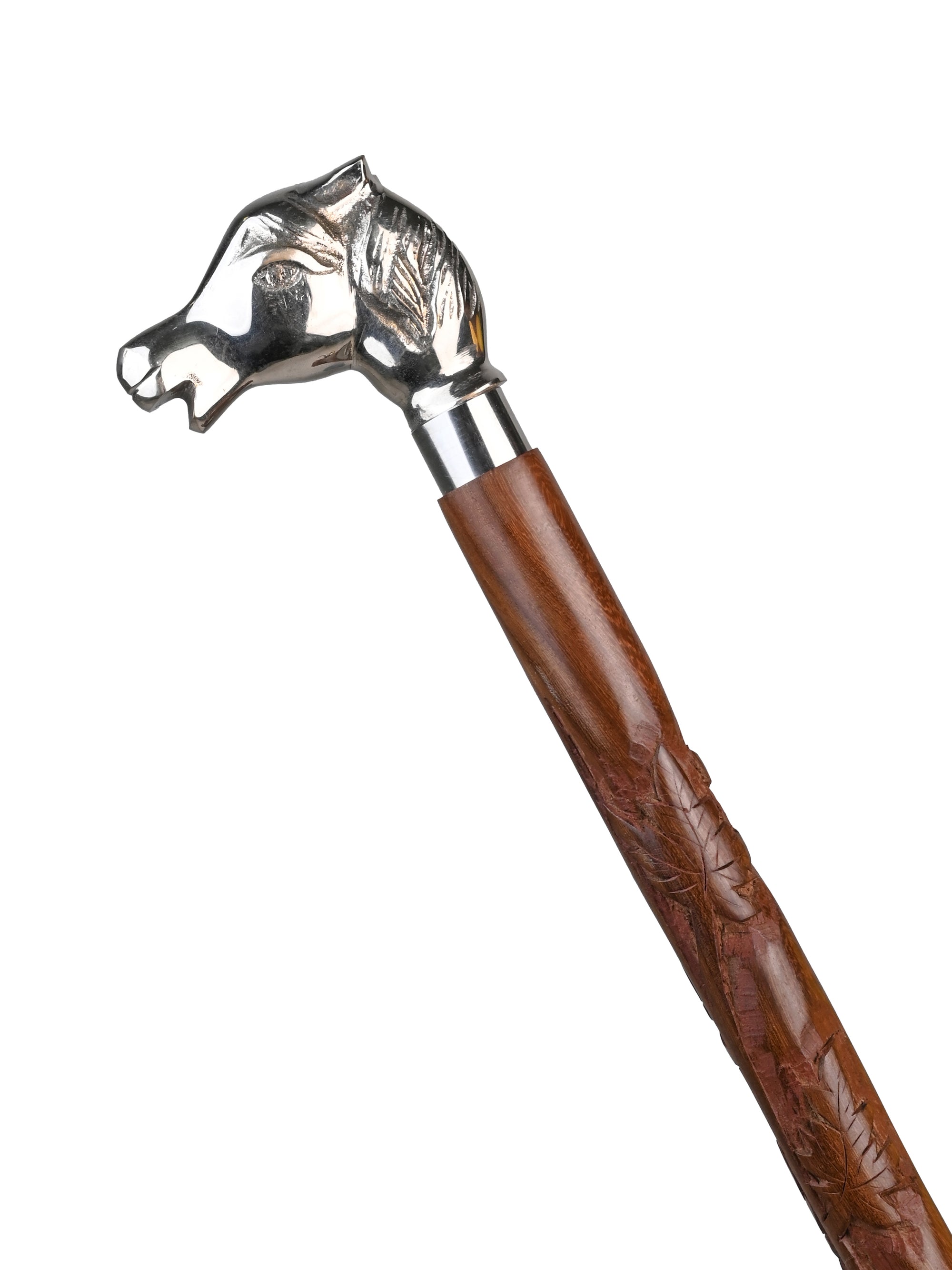 Sheesham wood crafted silver horse handle brown body carved foldable walking stick / cane