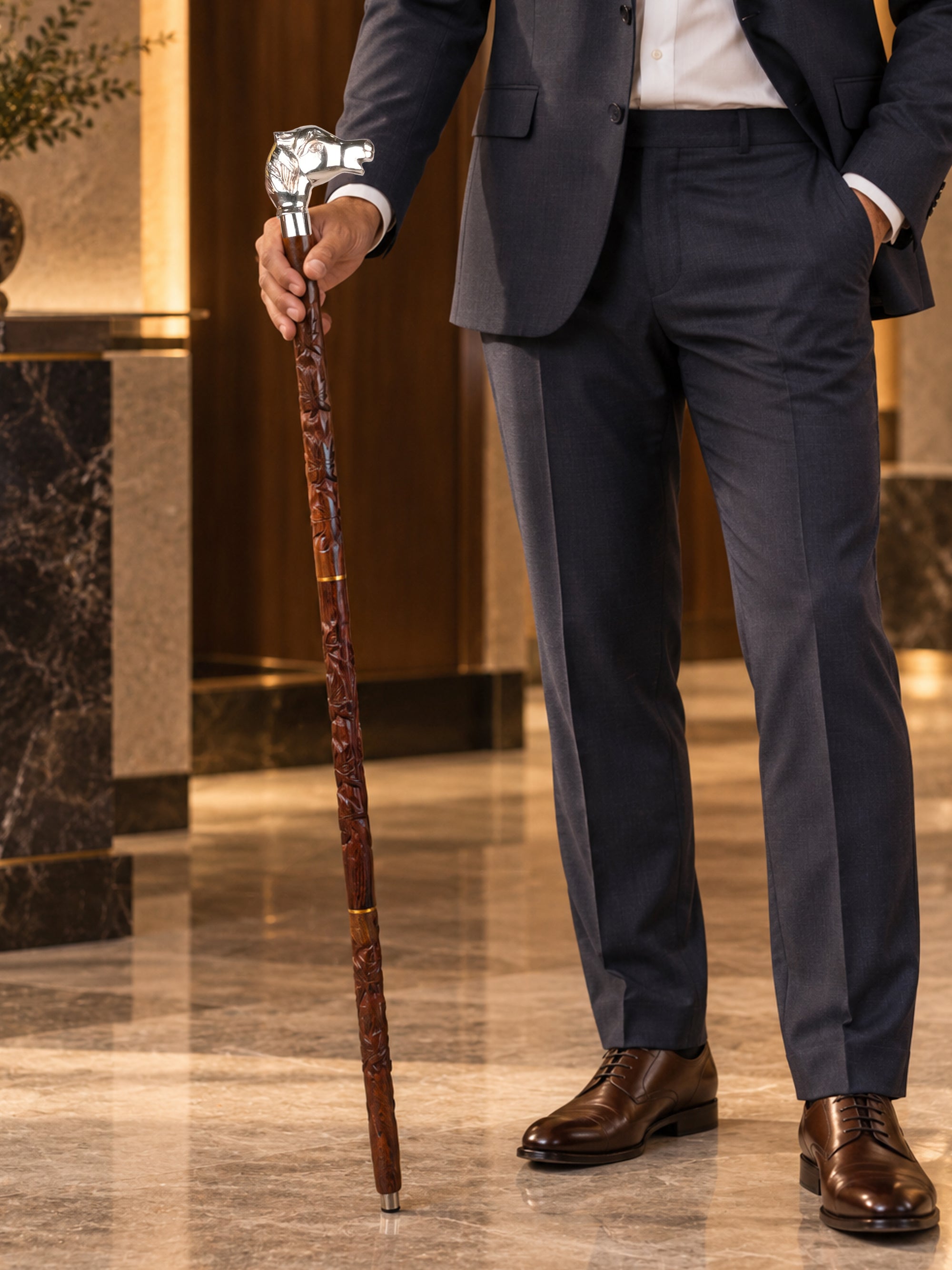 Sheesham wood crafted silver horse handle brown body carved foldable walking stick / cane