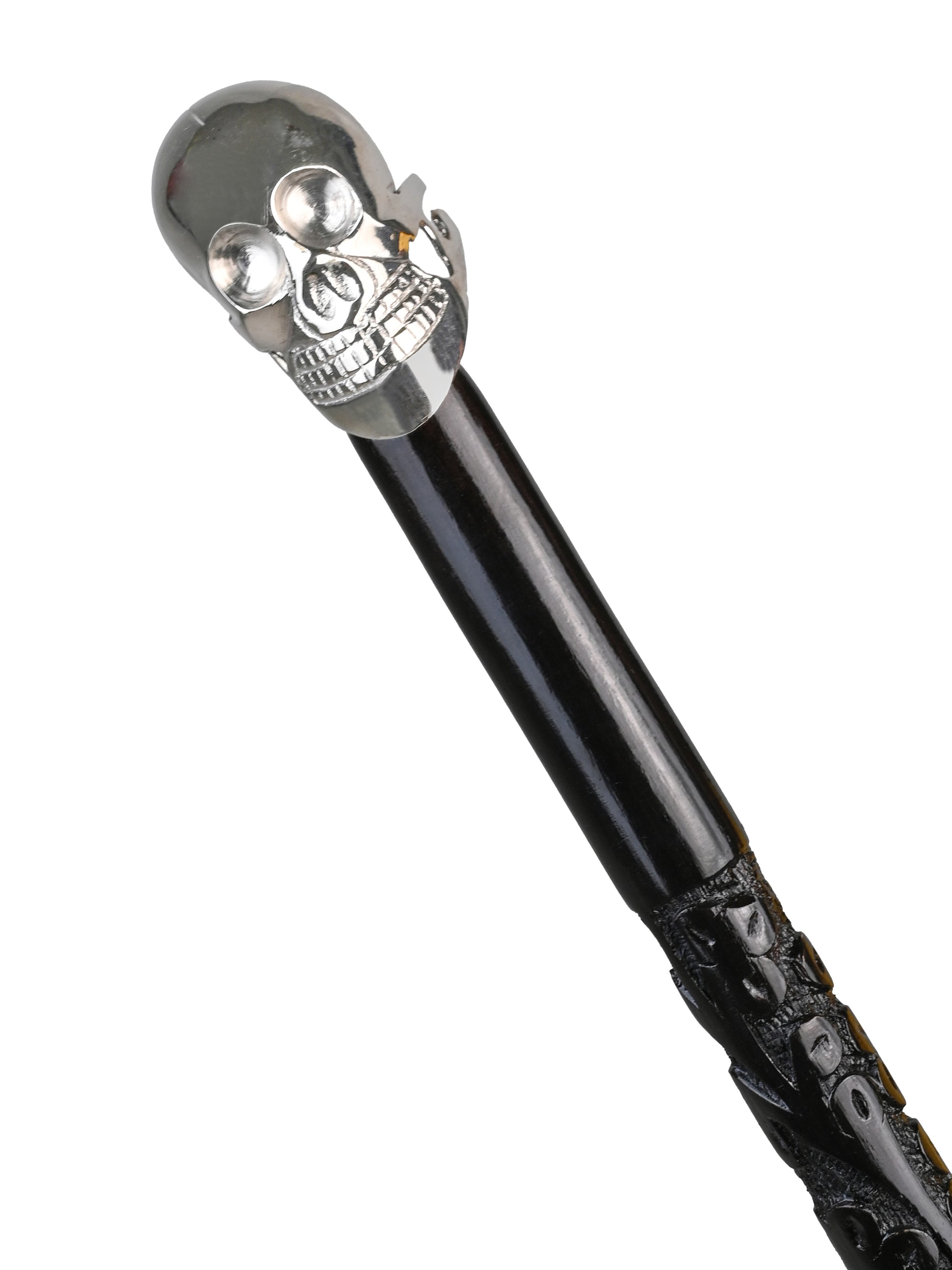 Sheesham wood crafted silver skull handle black body stylish foldable walking stick / cane