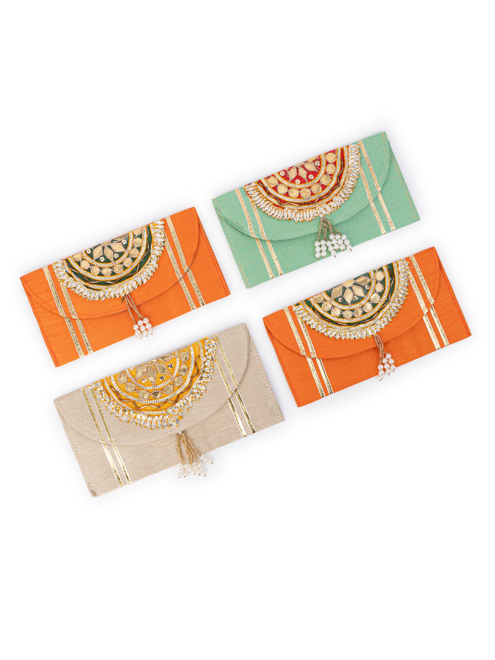 Set of 4 Handcrafted Colorful Fabric Envelops with Zari work - 8x4 inches