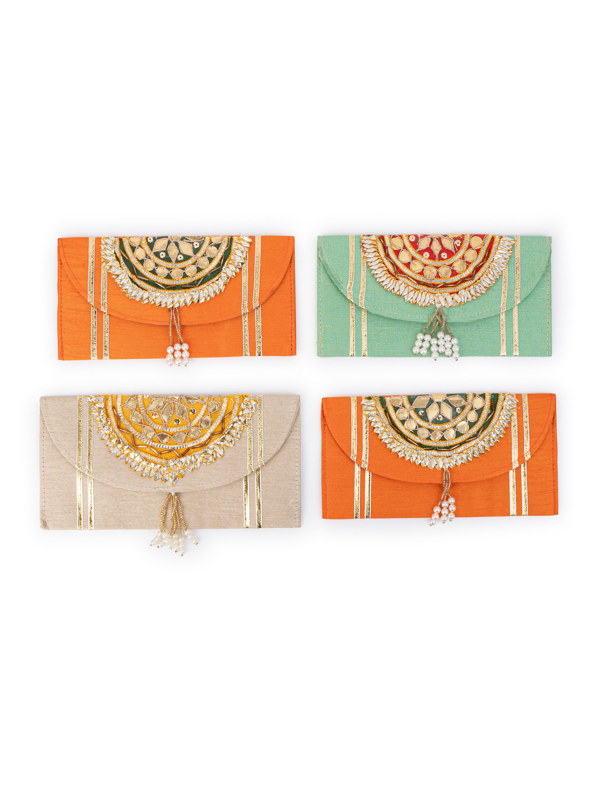 Set of 4 Handcrafted Colorful Fabric Envelops with Zari work - 8x4 inches