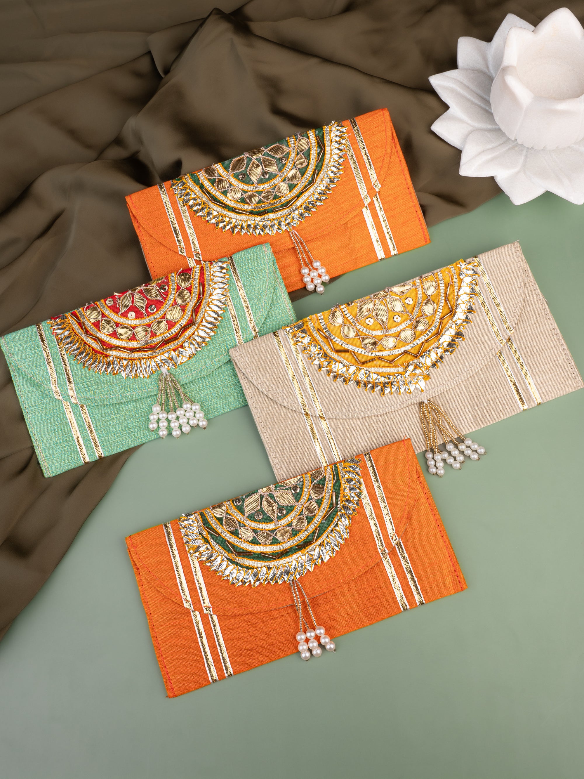 Set of 4 Handcrafted Colorful Fabric Envelops with Zari work - 8x4 inches