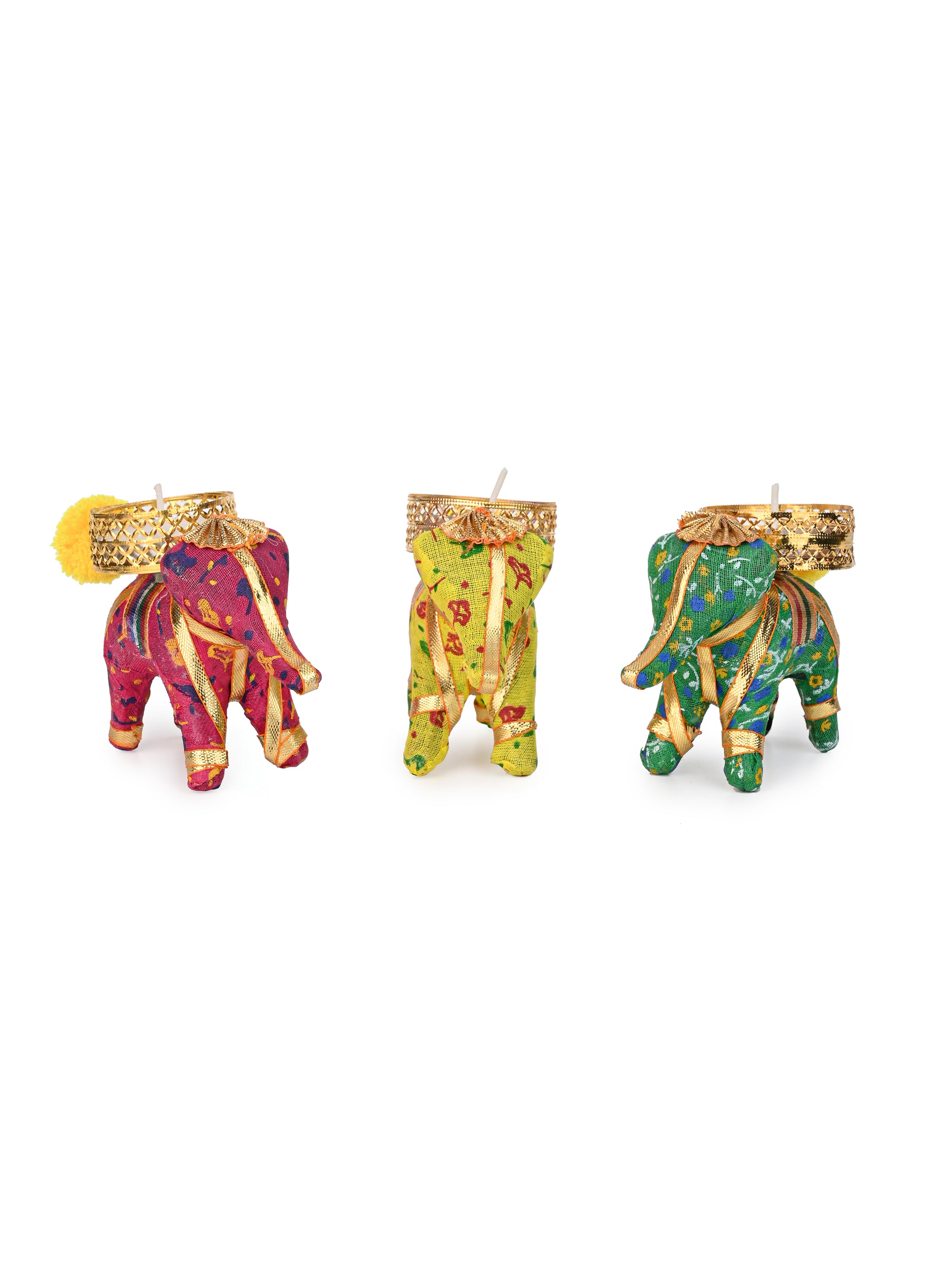 Fabric Crafted Colorful Set of 3 Elephant Diya / T light candle holder