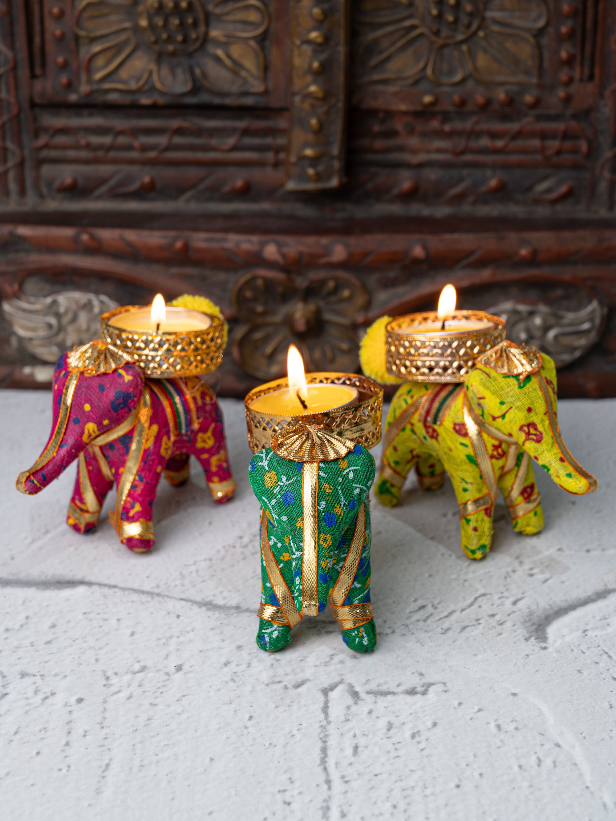 Fabric Crafted Colorful Set of 3 Elephant Diya / T light candle holder