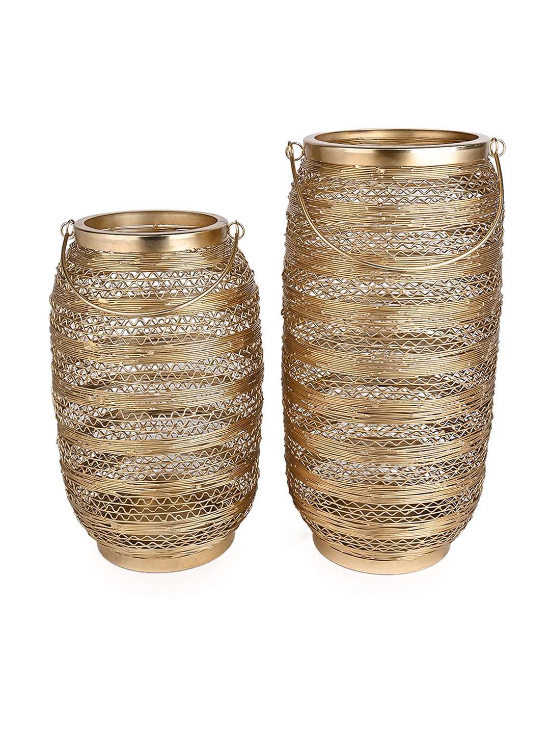 Shiny golden metal wire crafted lantern with carry handle - set of 2 big size