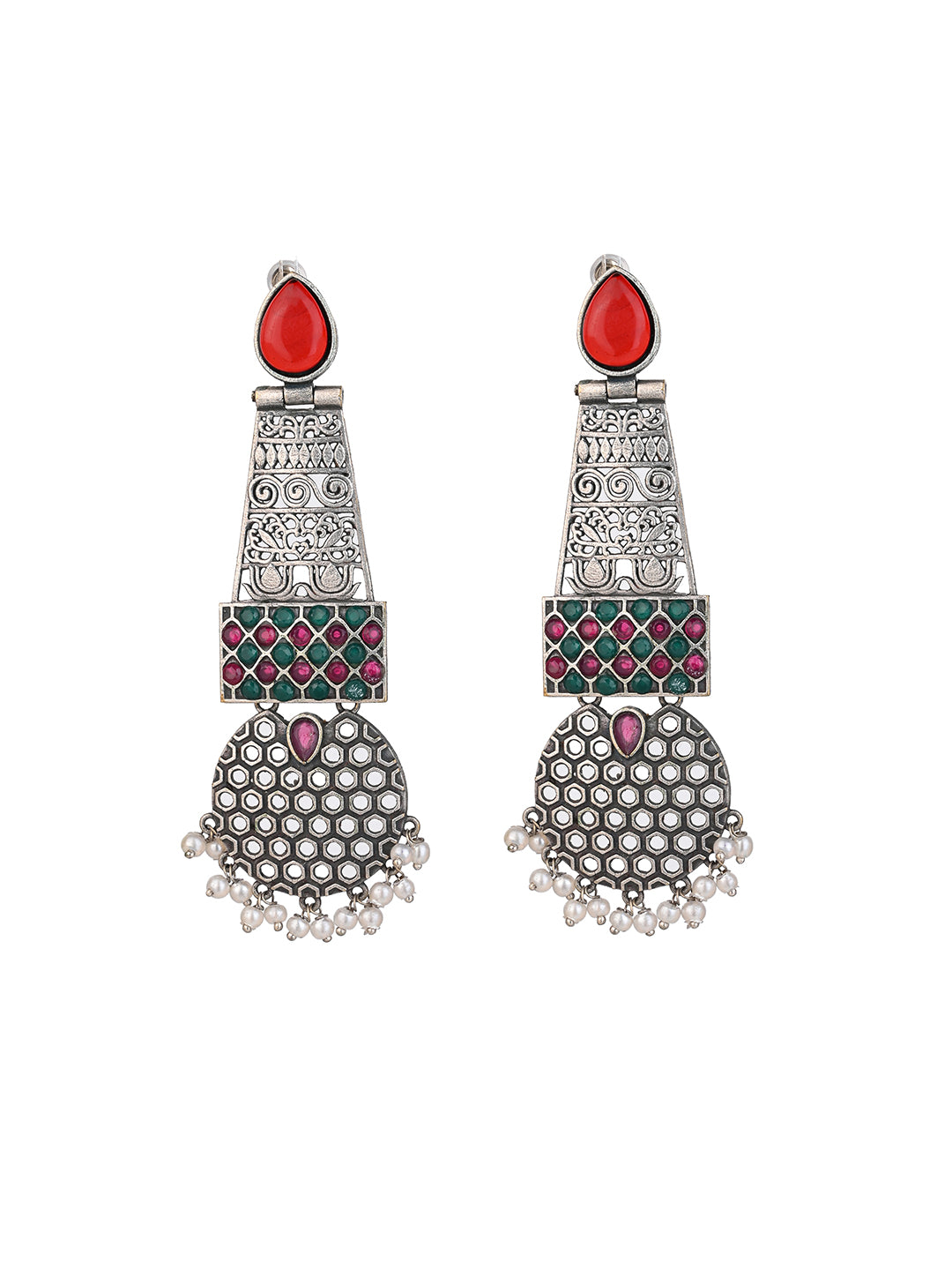 MAURYANA - Oxidised silver pair of earrings with red stone embellishment - 4 inches