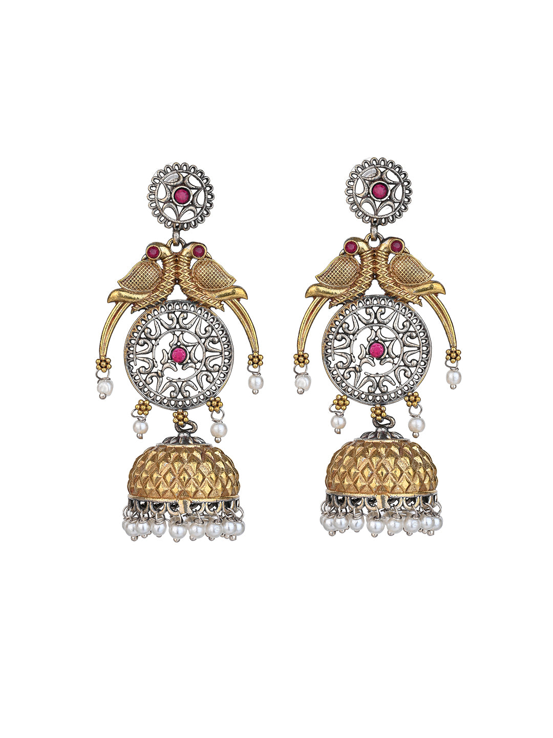 MAURYANA - Oxidised silver long jhumka earrings pair in yellow color - 3 inches