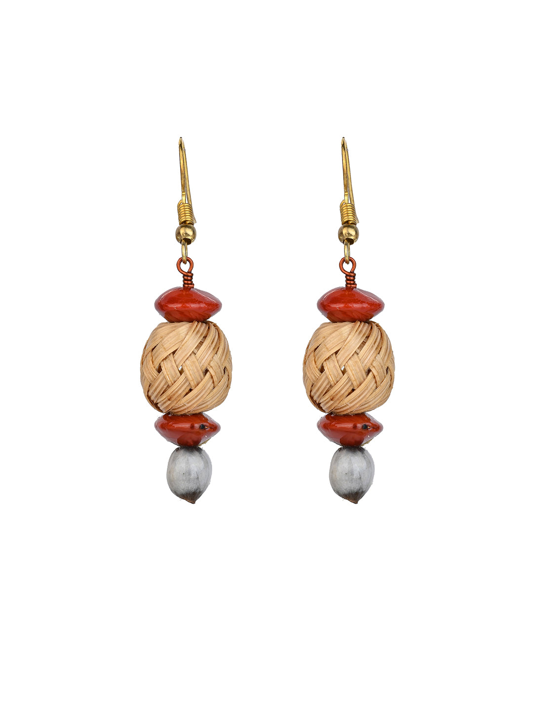 MAURYANA - Bamboo crafted puffed earring set with red color beads