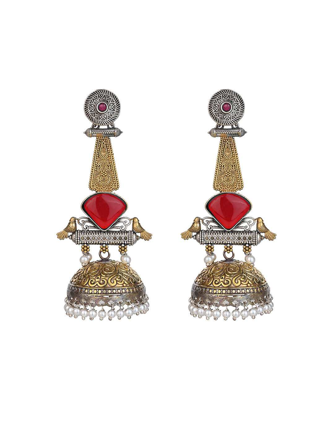 MAURYANA - Oxidised silver yellow color jhumka earrings pair with red stone - 4 inches