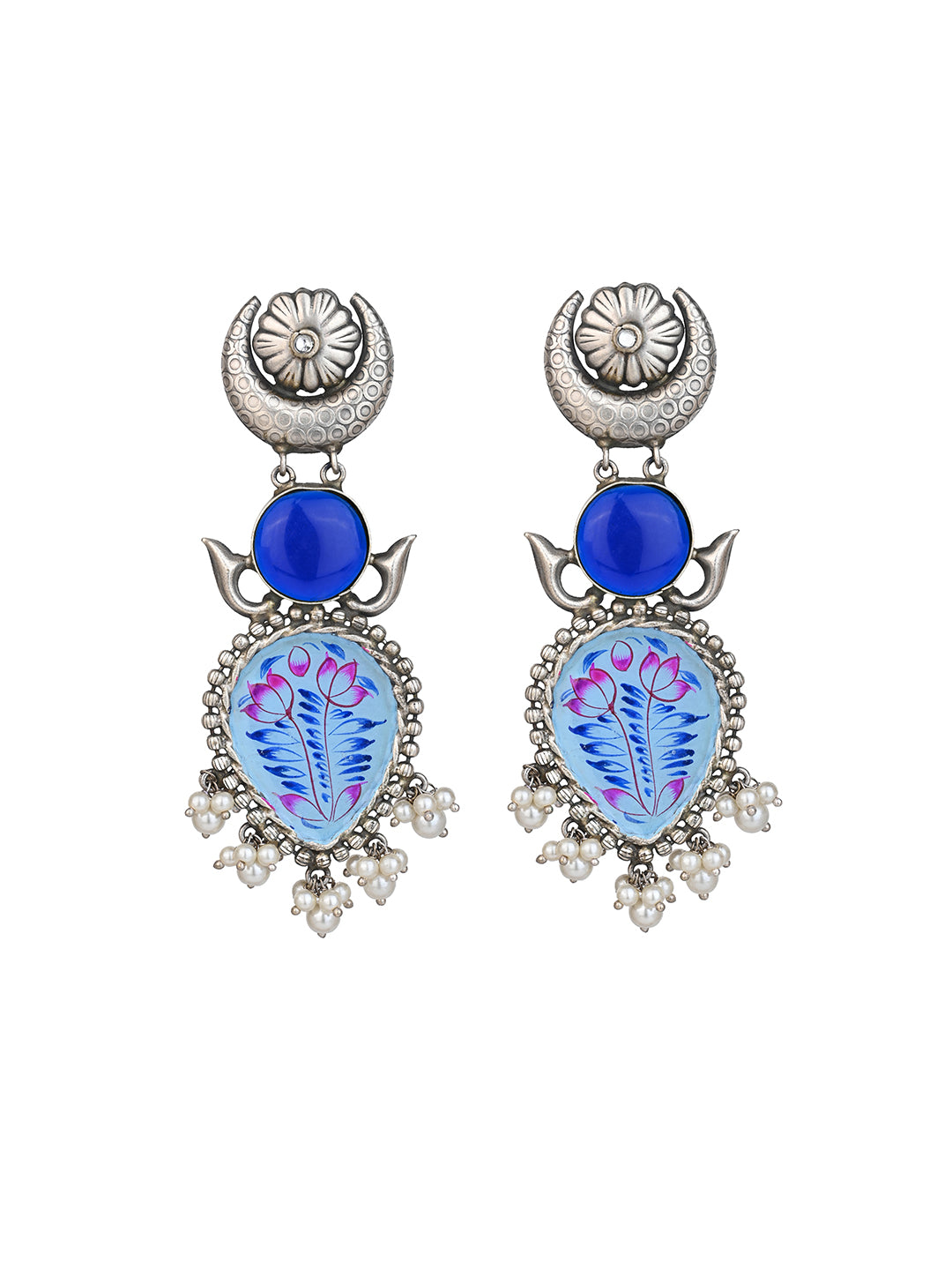 MAURYANA - Oxidised silver glass painted pair of earrings - 4 inches
