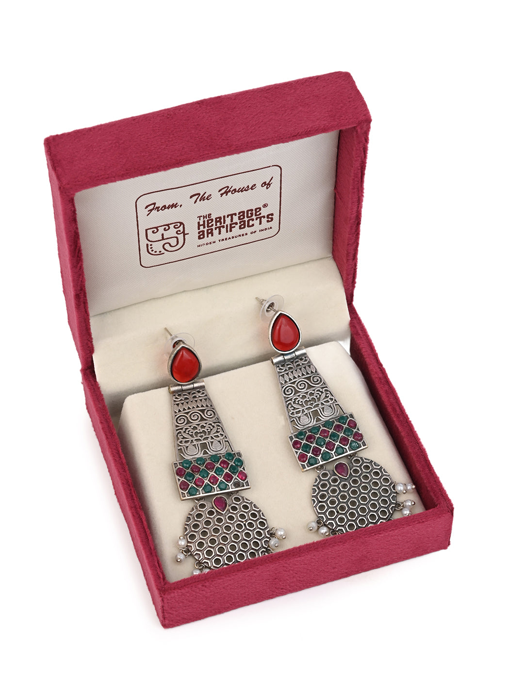 MAURYANA - Oxidised silver pair of earrings with red stone embellishment - 4 inches