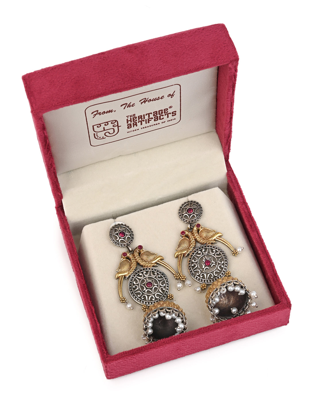 MAURYANA - Oxidised silver long jhumka earrings pair in yellow color - 3 inches