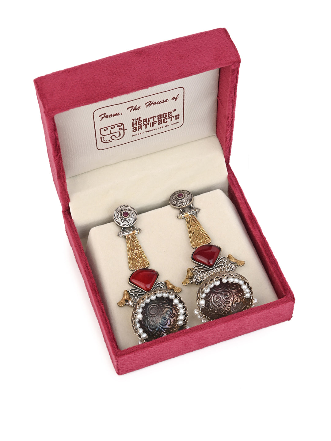 MAURYANA - Oxidised silver yellow color jhumka earrings pair with red stone - 4 inches
