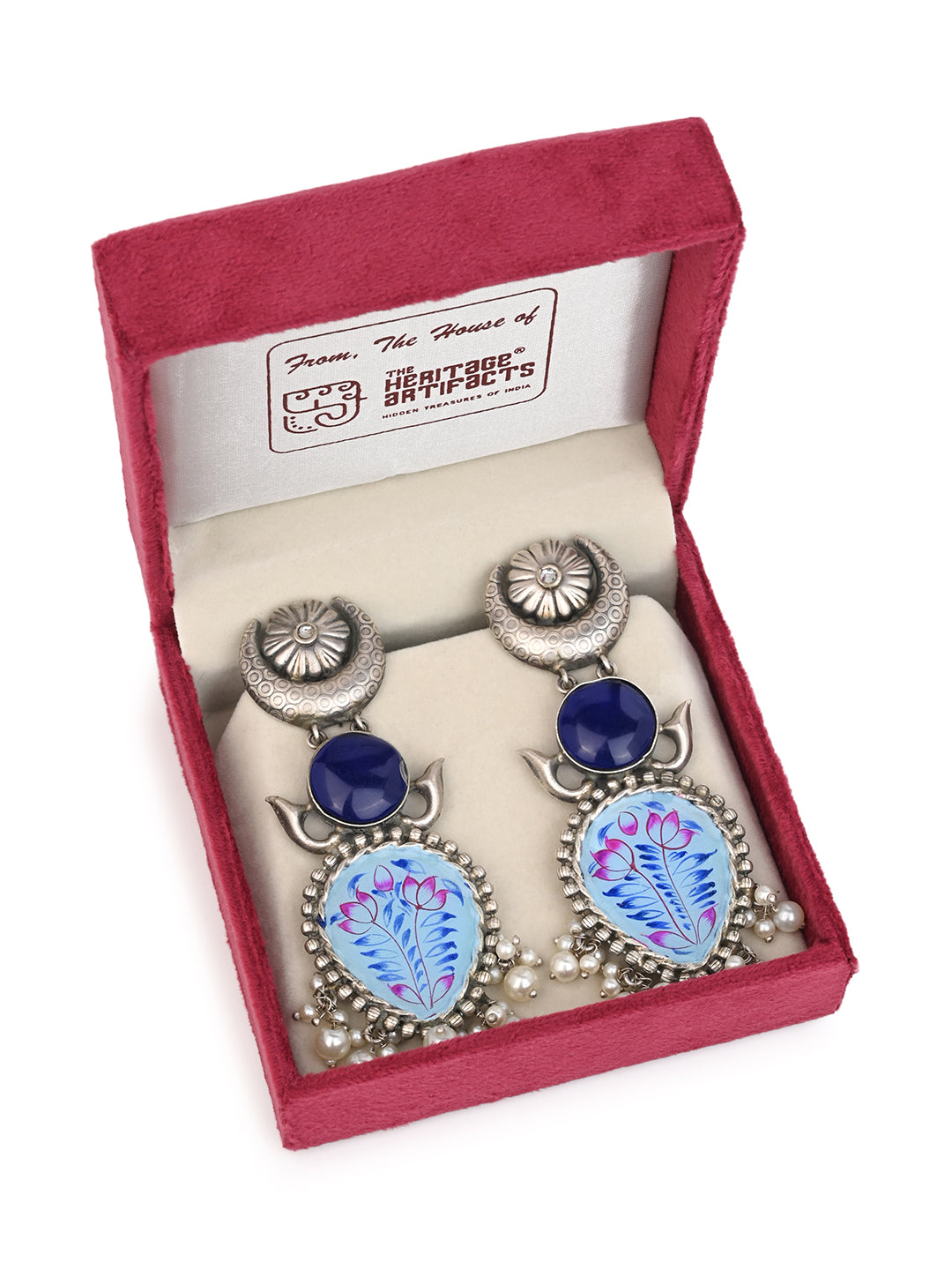 MAURYANA - Oxidised silver glass painted pair of earrings - 4 inches