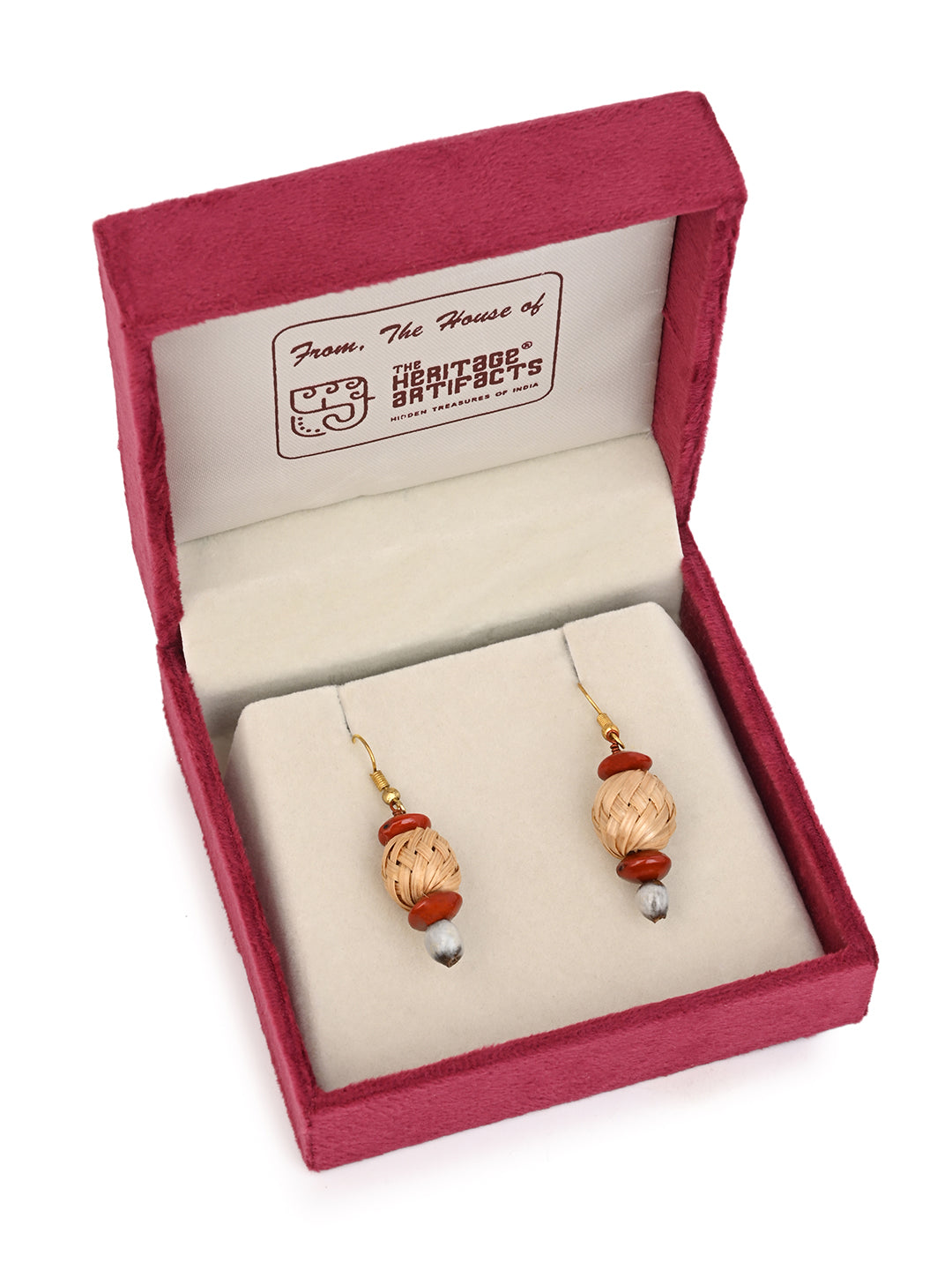 MAURYANA - Bamboo crafted puffed earring set with red color beads
