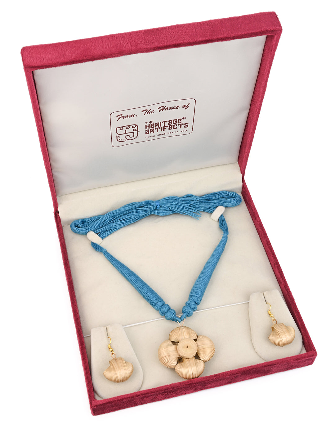 MAURYANA - Bamboo crafted flower pendant necklace set with earrings - adjustable length