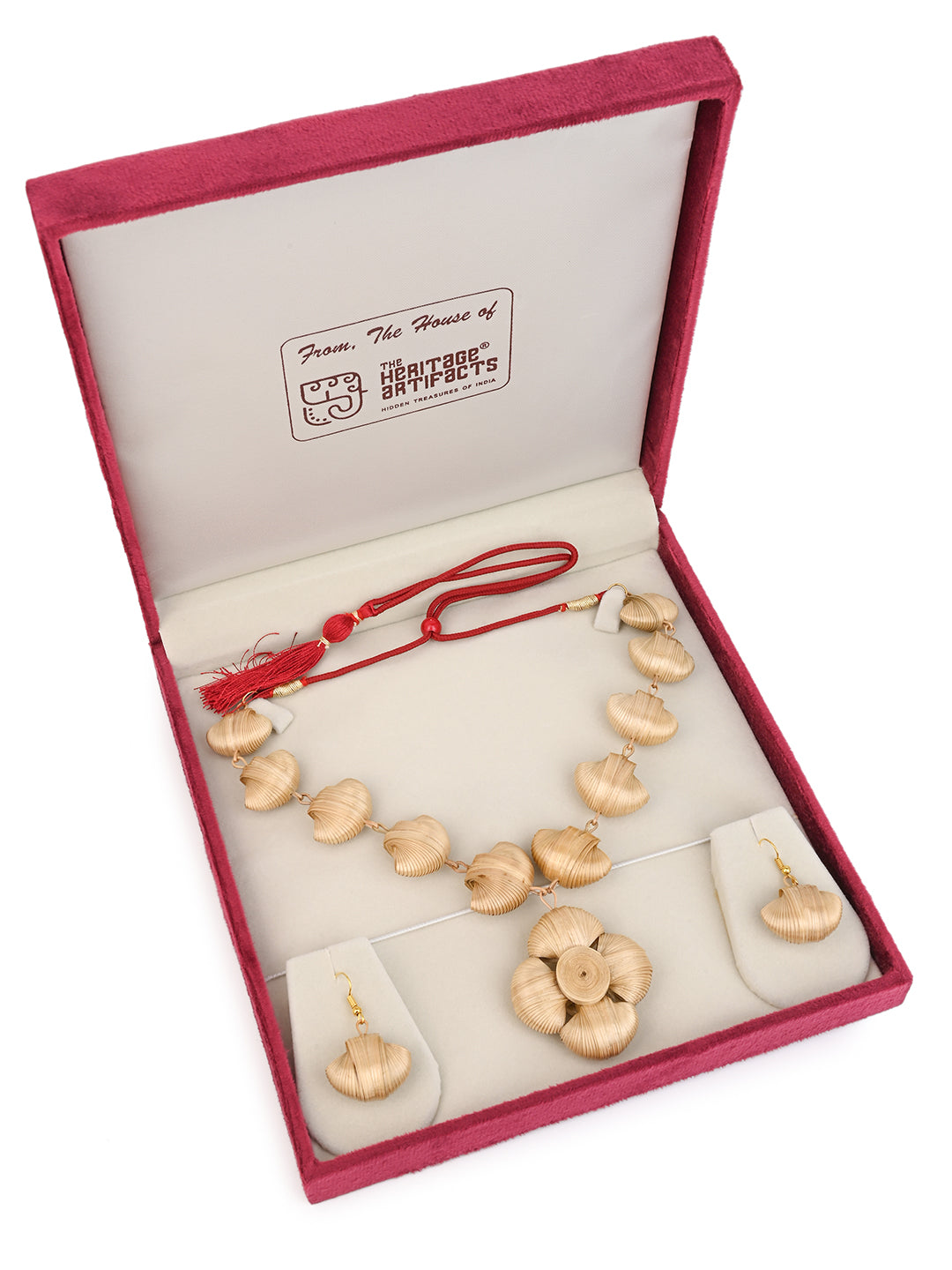 MAURYANA - Bamboo crafted flower petals design necklace set with earrings - adjustable length