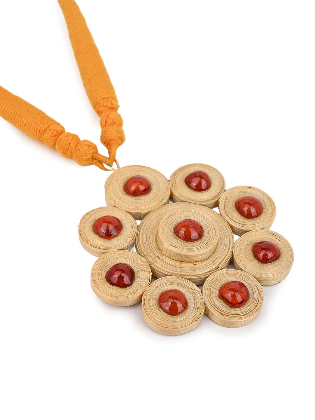 MAURYANA - Bamboo crafted flower design pendant necklace with earrings - adjustable length