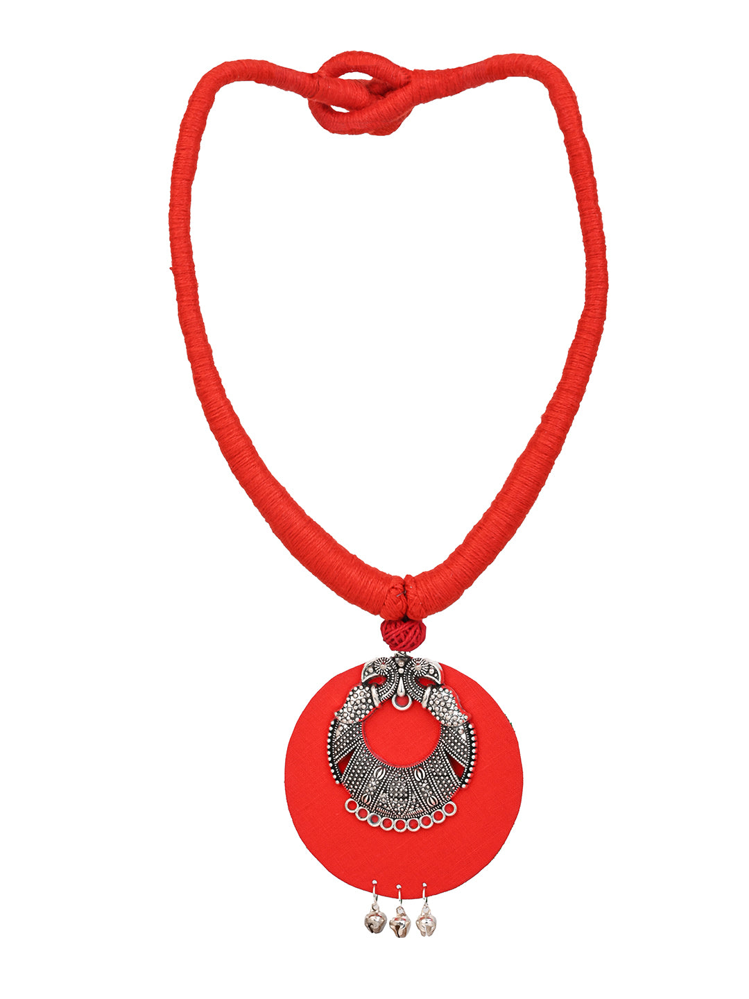 MAURYANA - Red fabric crafted with round metal pendant necklace set with earrings - one size