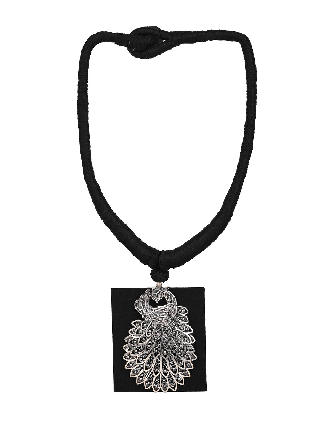 MAURYANA - Black fabric crafted with square metal pendant necklace set with earrings - one size