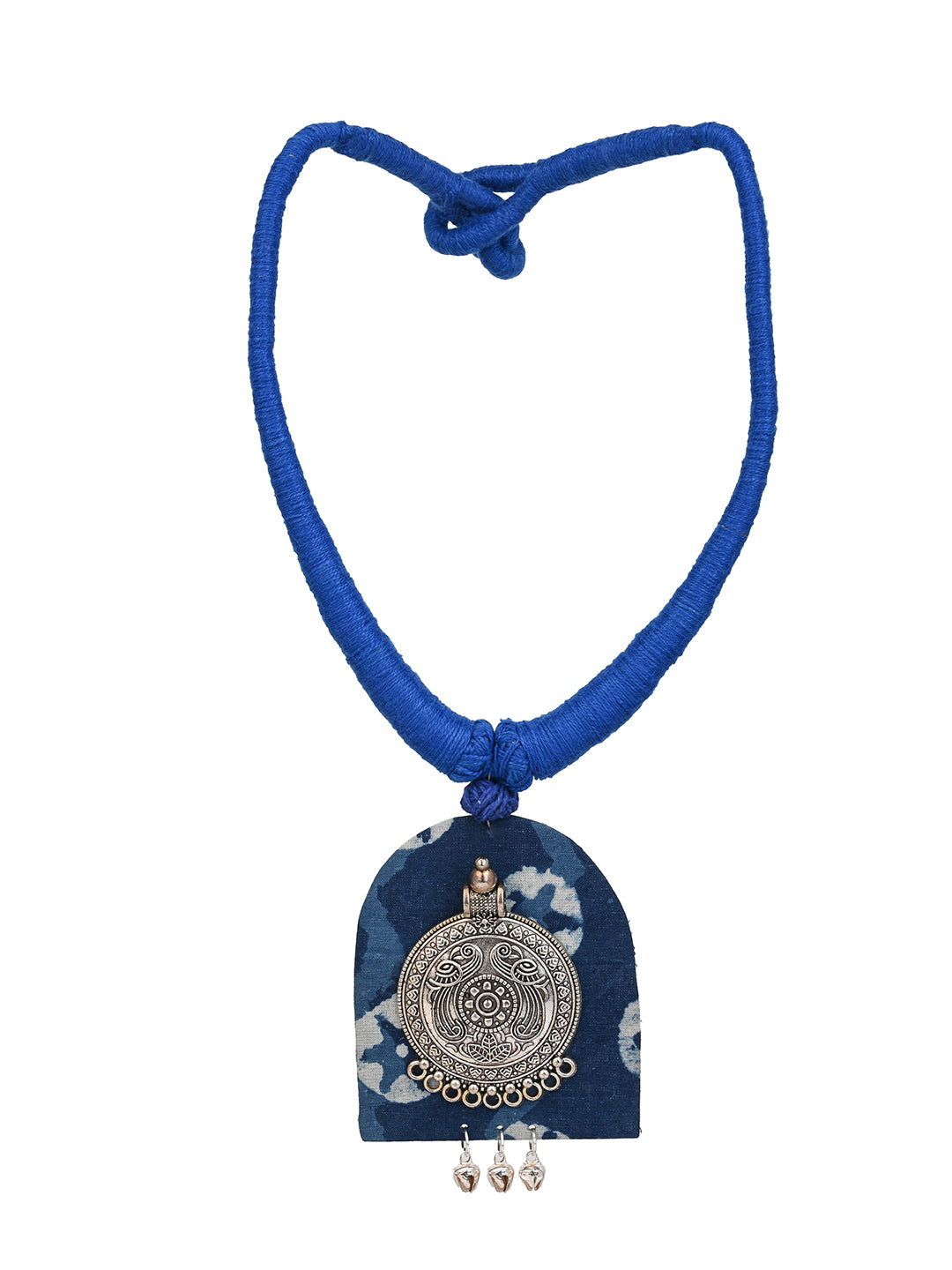 MAURYANA - Fabric and metal crafted blue necklace set with earrings - one size