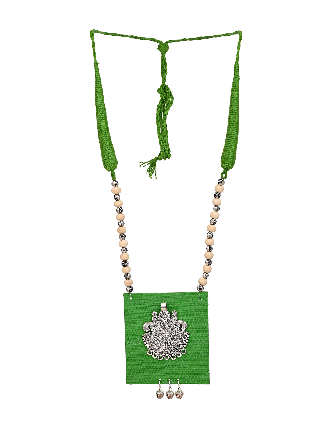 MAURYANA - Green fabric crafted metal pendant necklace set with earrings - adjustable length