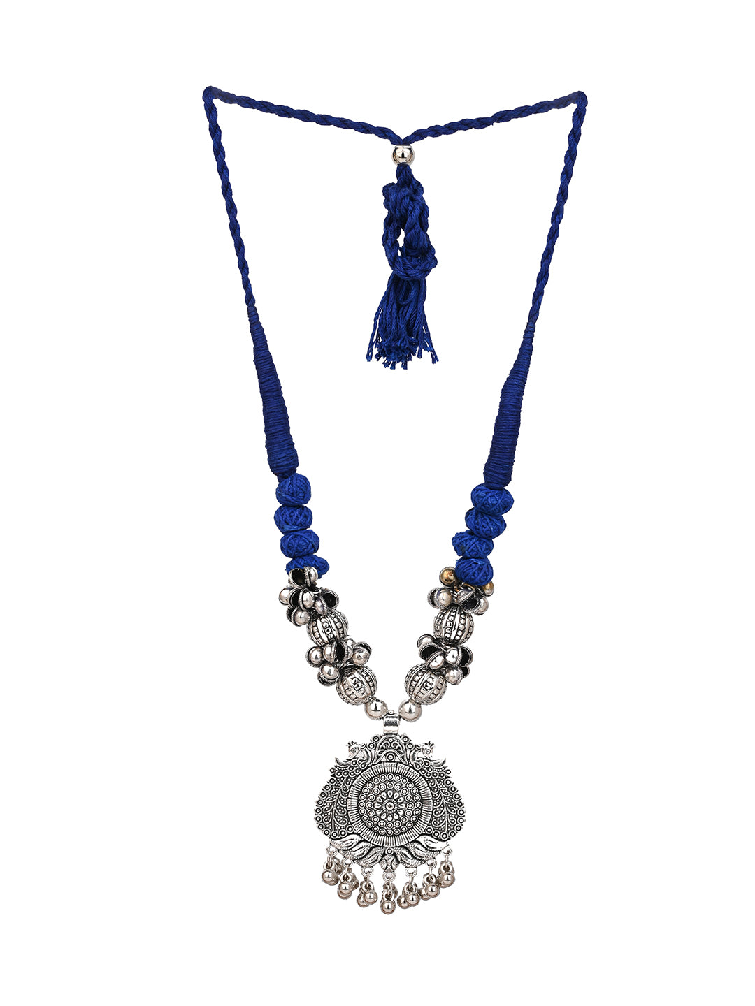 MAURYANA - Oxidised silver pendant necklace set with earrings - adjustable length