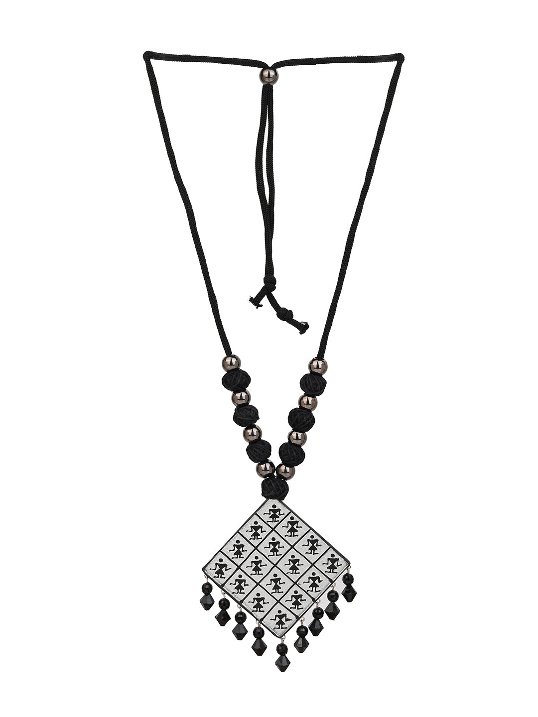 MAURYANA - Colorful beaded necklace with square glass pendant and earrings - adjustable length