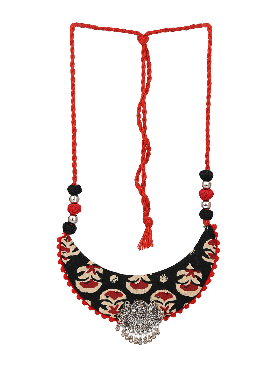MAURYANA - Red and black fabric crafted half moon shaped necklace set with earrings - adjustable length
