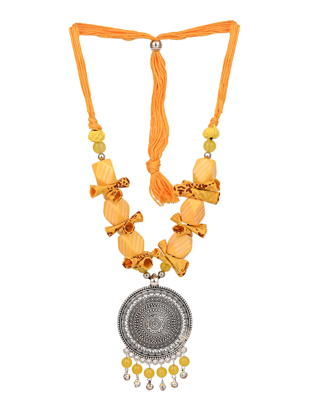 MAURYANA - Yellow color beaded necklace with metal pendant and earrings - adjustable length