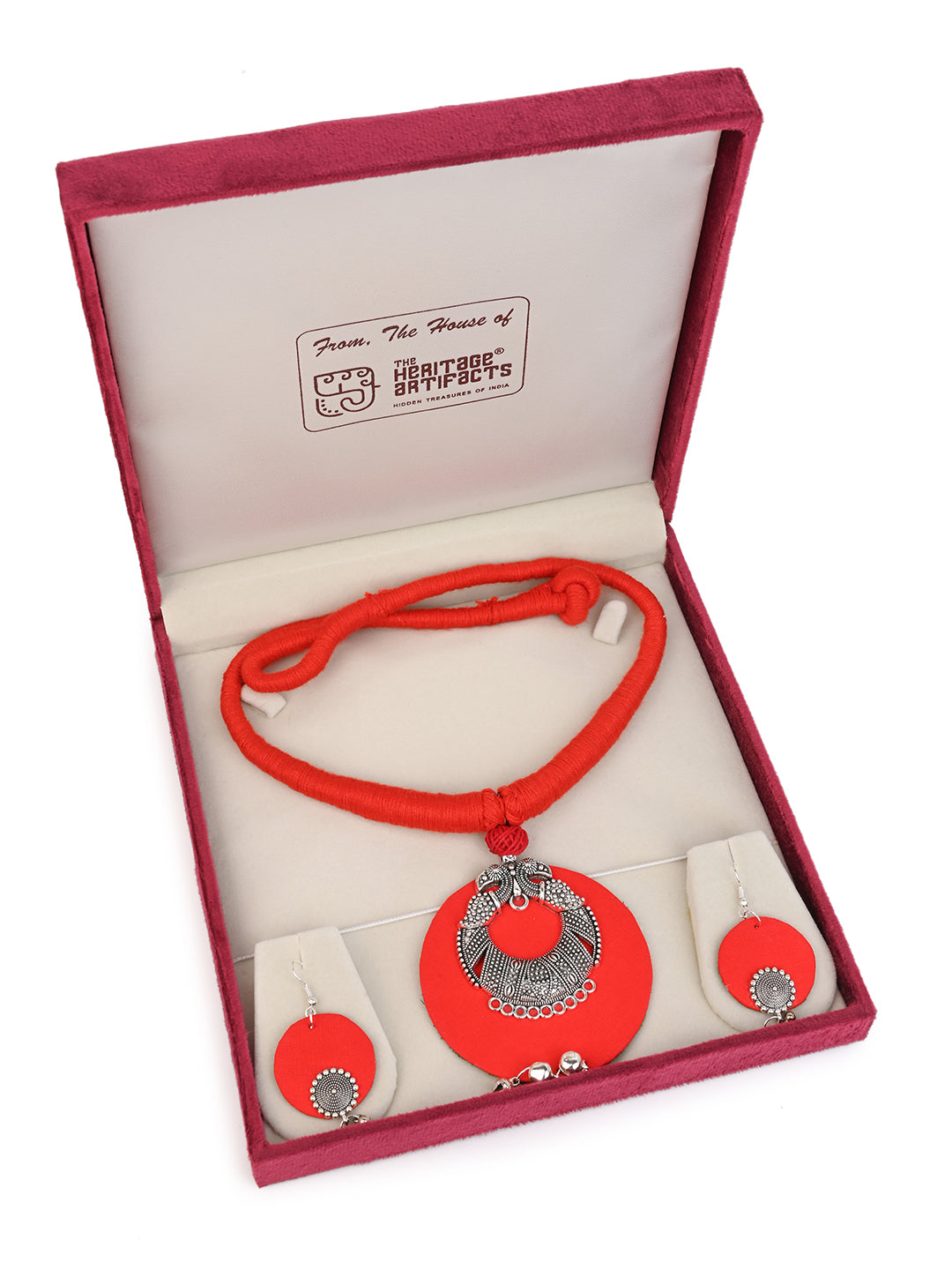 MAURYANA - Red fabric crafted with round metal pendant necklace set with earrings - one size
