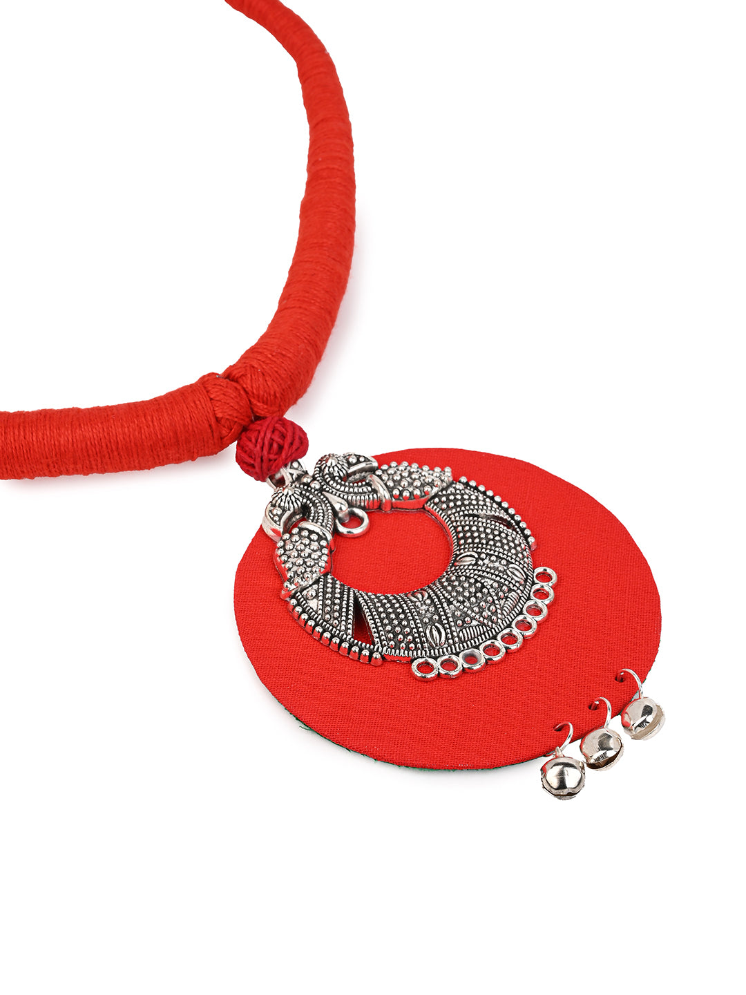 MAURYANA - Red fabric crafted with round metal pendant necklace set with earrings - one size