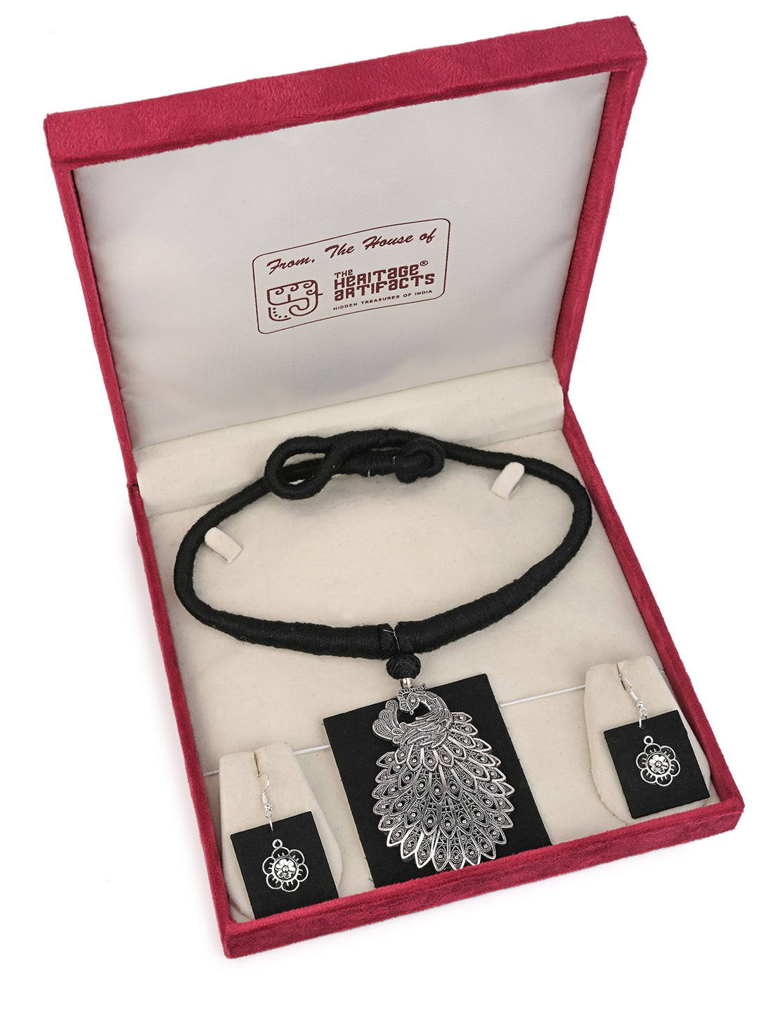 MAURYANA - Black fabric crafted with square metal pendant necklace set with earrings - one size