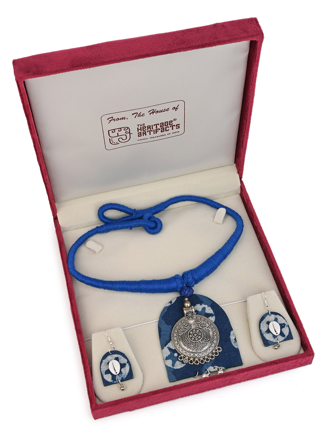 MAURYANA - Fabric and metal crafted blue necklace set with earrings - one size