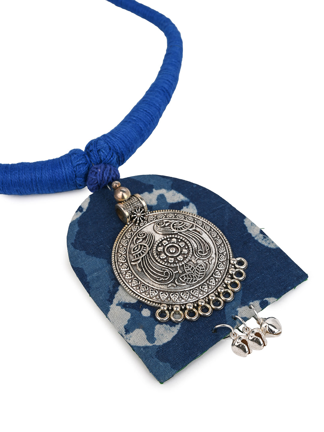 MAURYANA - Fabric and metal crafted blue necklace set with earrings - one size