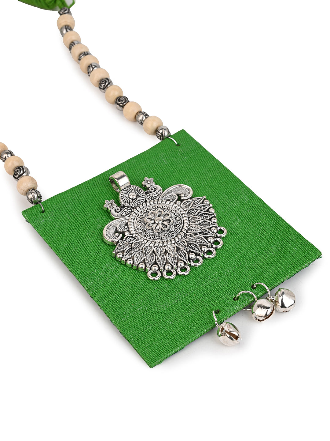 MAURYANA - Green fabric crafted metal pendant necklace set with earrings - adjustable length