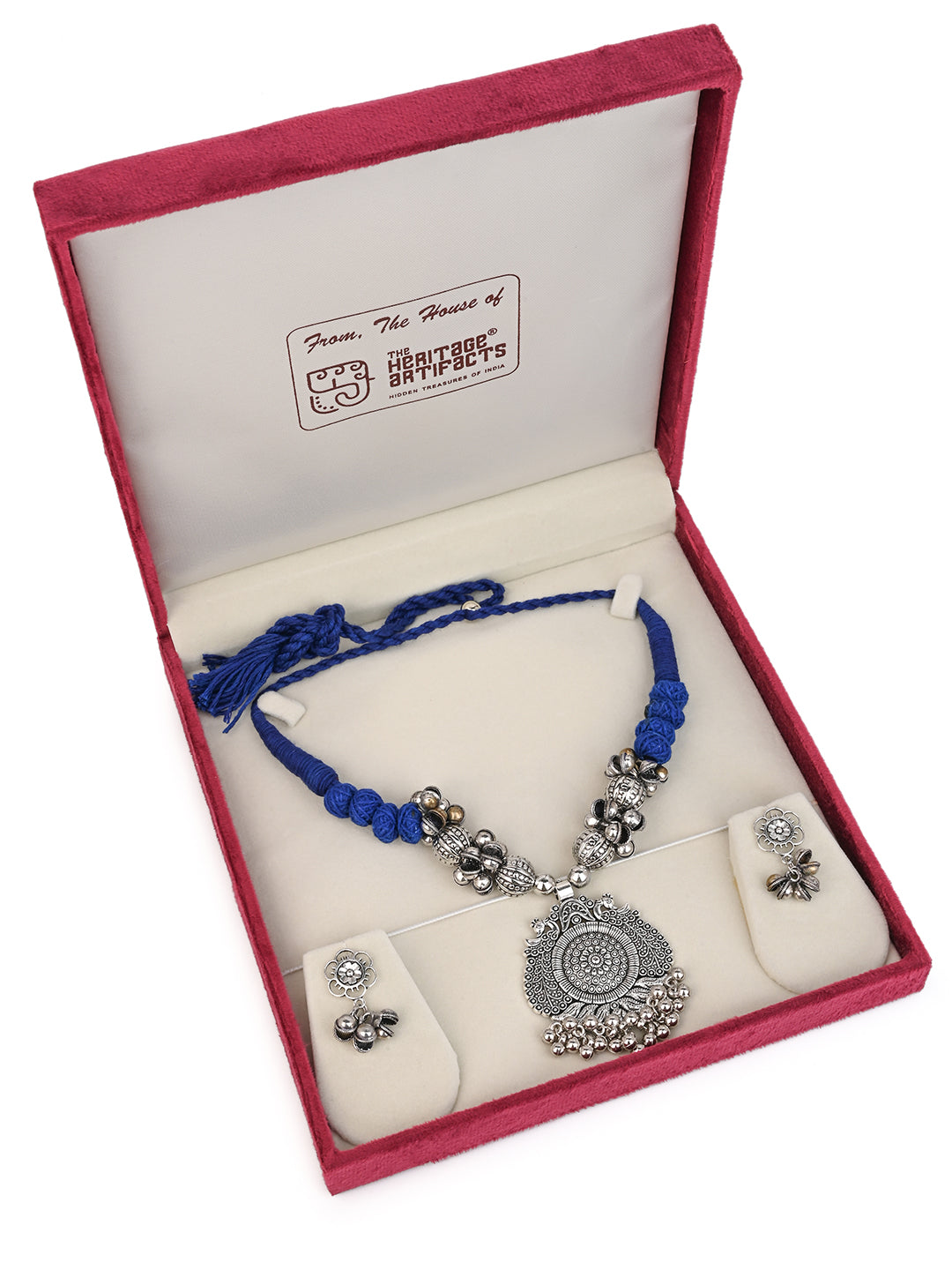 MAURYANA - Oxidised silver pendant necklace set with earrings - adjustable length