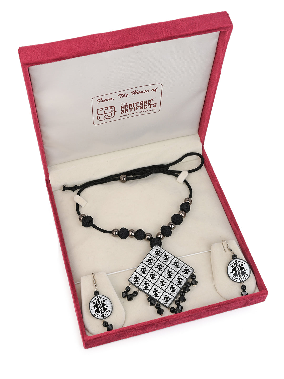 MAURYANA - Colorful beaded necklace with square glass pendant and earrings - adjustable length