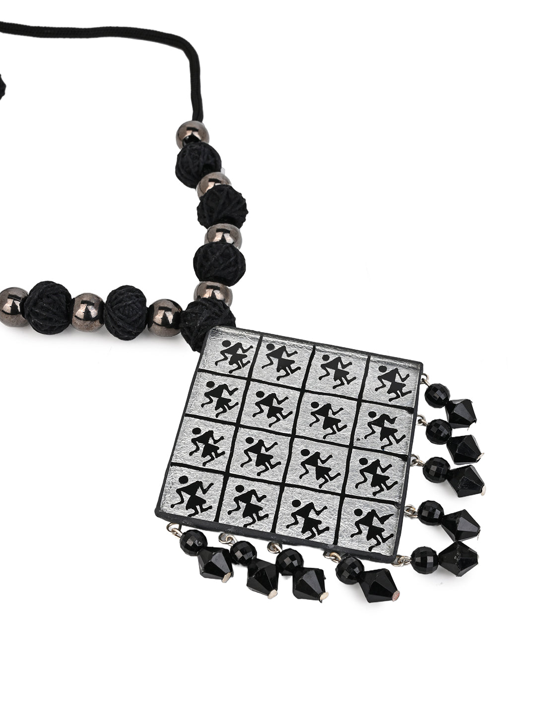 MAURYANA - Colorful beaded necklace with square glass pendant and earrings - adjustable length