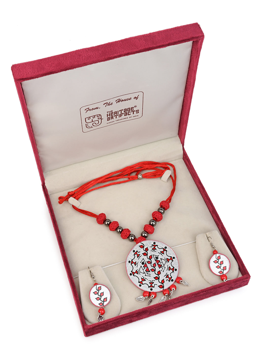 MAURYANA - Colorful beaded necklace with round glass pendant and earrings - adjustable length