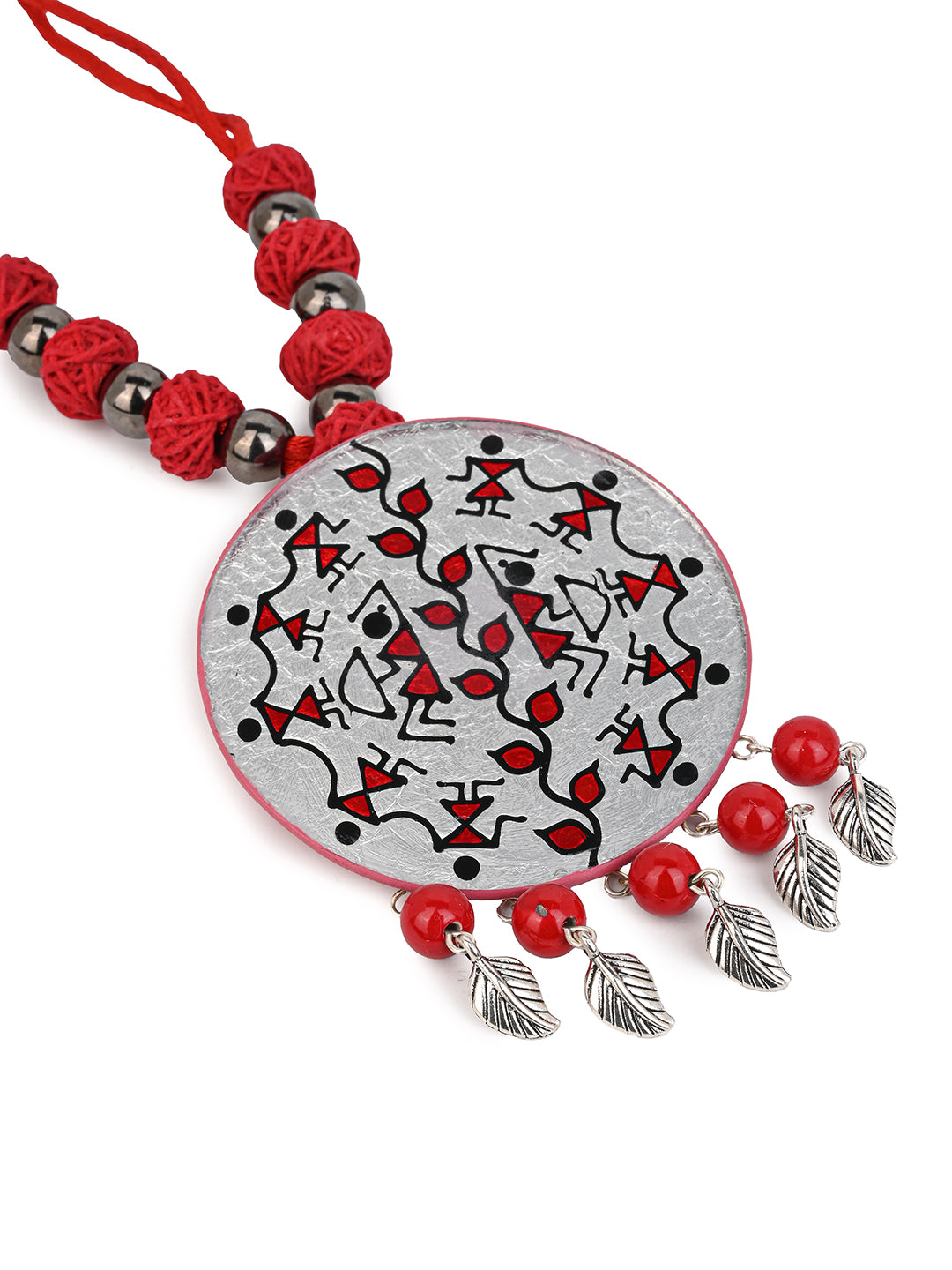 MAURYANA - Colorful beaded necklace with round glass pendant and earrings - adjustable length