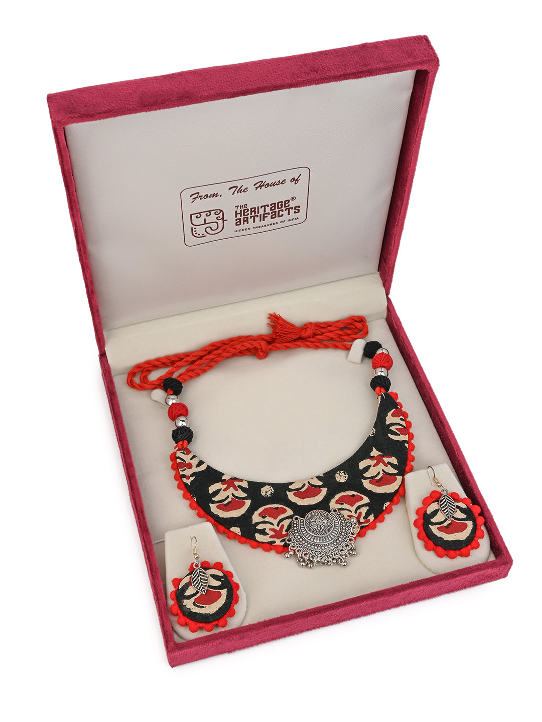 MAURYANA - Red and black fabric crafted half moon shaped necklace set with earrings - adjustable length