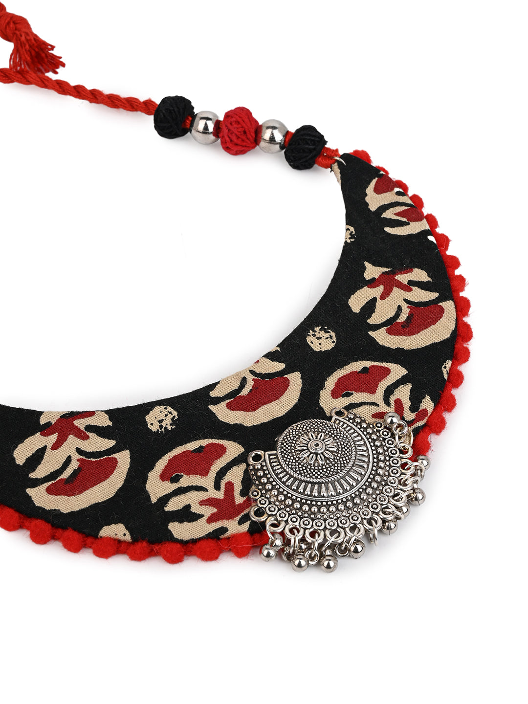 MAURYANA - Red and black fabric crafted half moon shaped necklace set with earrings - adjustable length